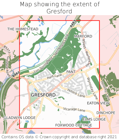 Map showing extent of Gresford as bounding box