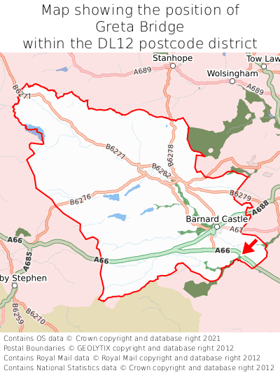 Map showing location of Greta Bridge within DL12