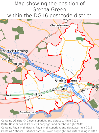 Map showing location of Gretna Green within DG16