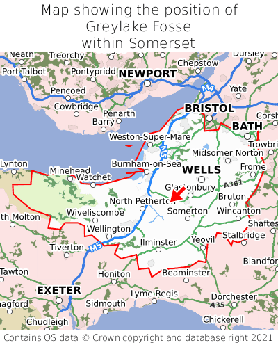 Map showing location of Greylake Fosse within Somerset