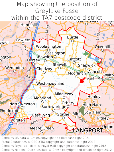 Map showing location of Greylake Fosse within TA7