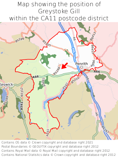 Map showing location of Greystoke Gill within CA11