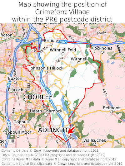 Map showing location of Grimeford Village within PR6