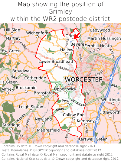 Map showing location of Grimley within WR2