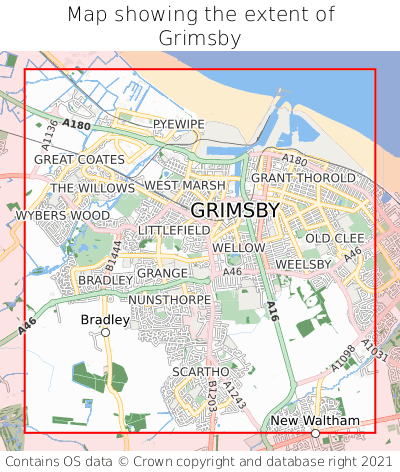 Map showing extent of Grimsby as bounding box
