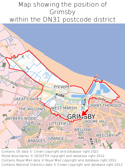 Map showing location of Grimsby within DN31