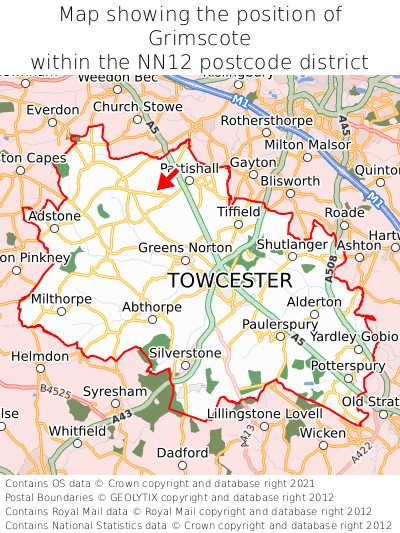 Map showing location of Grimscote within NN12