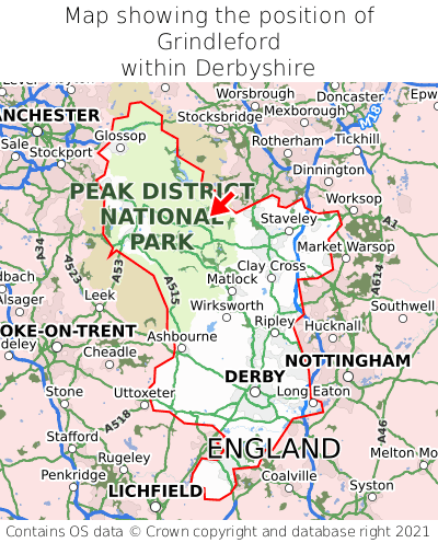 Map showing location of Grindleford within Derbyshire