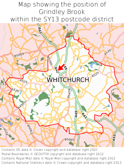 Map showing location of Grindley Brook within SY13