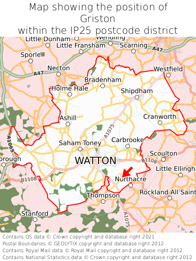 Map showing location of Griston within IP25