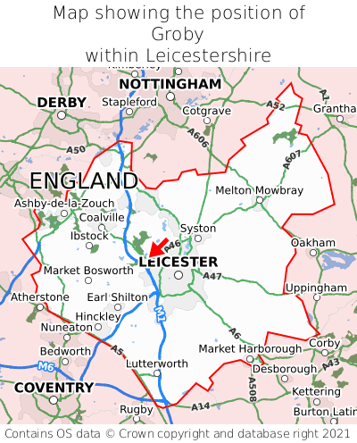 Map showing location of Groby within Leicestershire