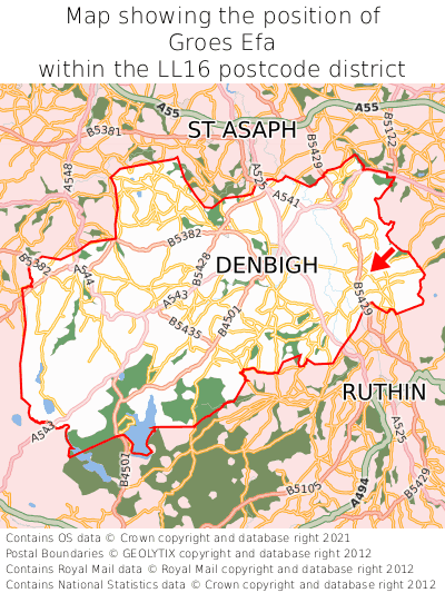 Map showing location of Groes Efa within LL16