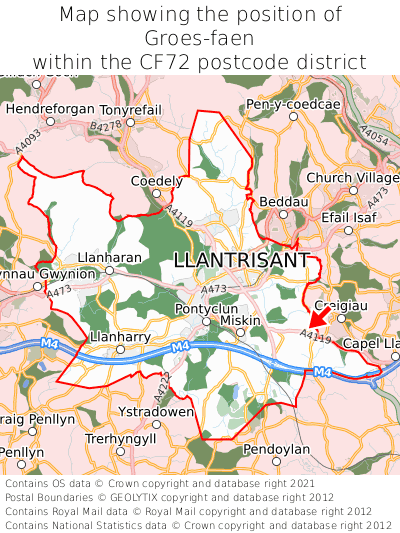 Map showing location of Groes-faen within CF72