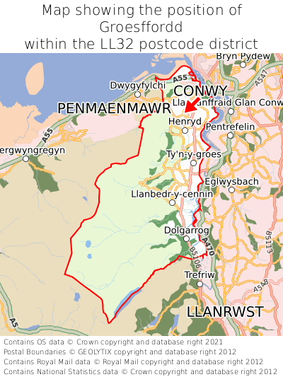Map showing location of Groesffordd within LL32