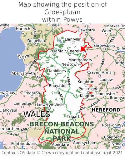 Map showing location of Groespluan within Powys