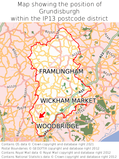 Map showing location of Grundisburgh within IP13