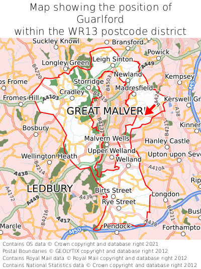 Map showing location of Guarlford within WR13