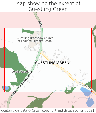 Map showing extent of Guestling Green as bounding box