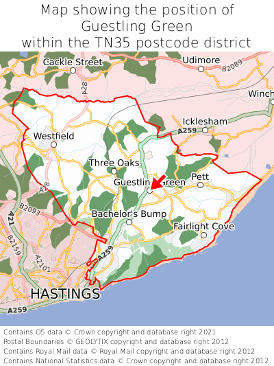 Map showing location of Guestling Green within TN35