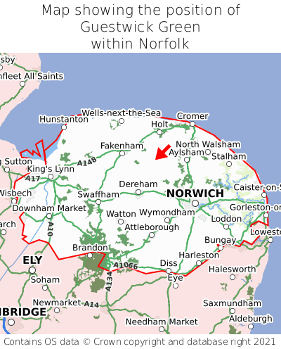 Map showing location of Guestwick Green within Norfolk