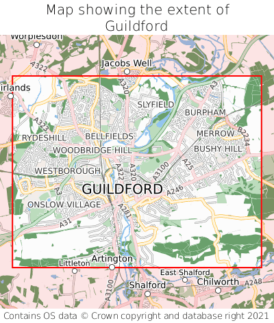 Map showing extent of Guildford as bounding box