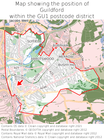 Map showing location of Guildford within GU1