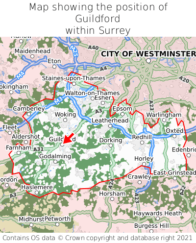 Map showing location of Guildford within Surrey