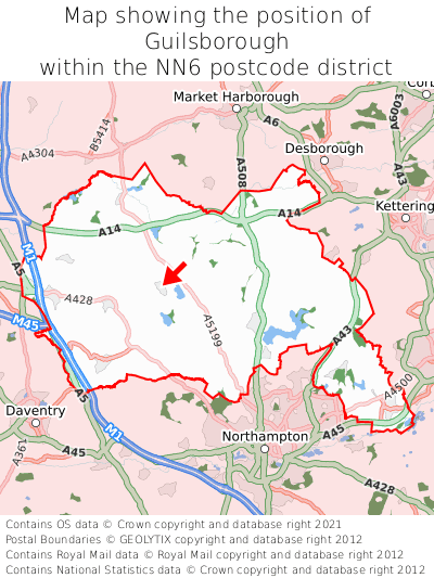Map showing location of Guilsborough within NN6