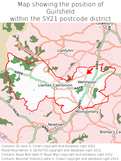 Map showing location of Guilsfield within SY21