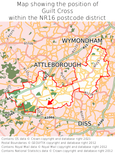 Map showing location of Guilt Cross within NR16