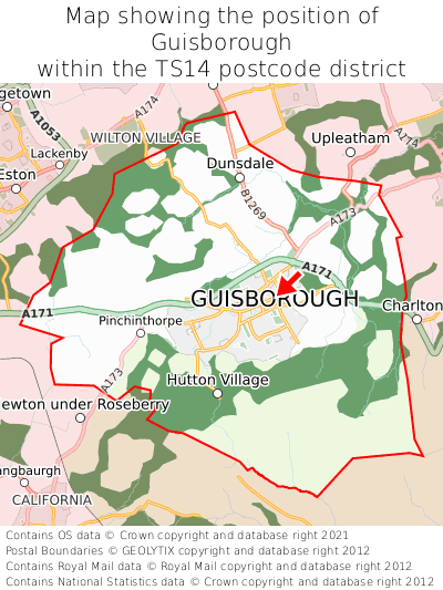 Map showing location of Guisborough within TS14