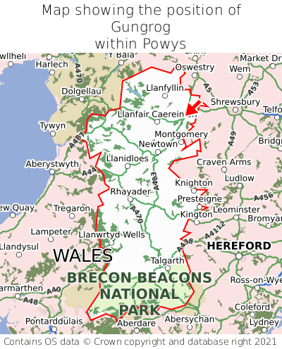 Map showing location of Gungrog within Powys