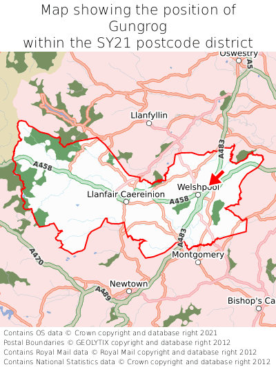 Map showing location of Gungrog within SY21