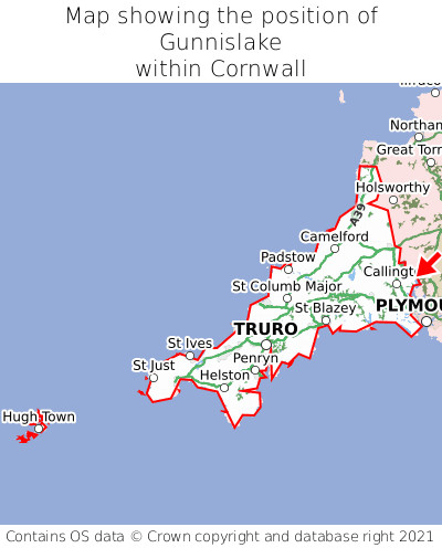 Map showing location of Gunnislake within Cornwall