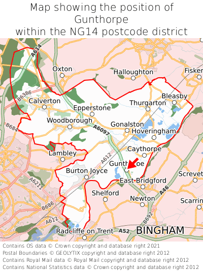 Map showing location of Gunthorpe within NG14