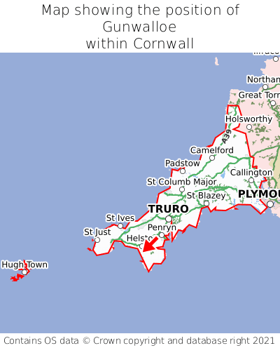 Map showing location of Gunwalloe within Cornwall