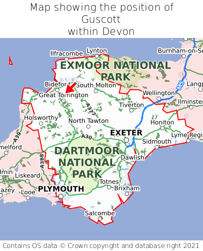 Map showing location of Guscott within Devon