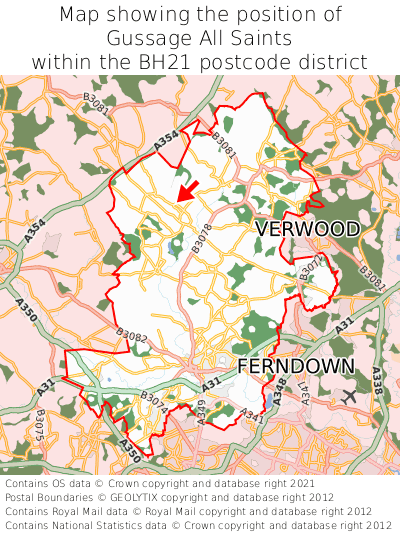 Map showing location of Gussage All Saints within BH21