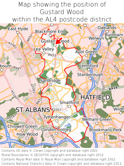 Map showing location of Gustard Wood within AL4