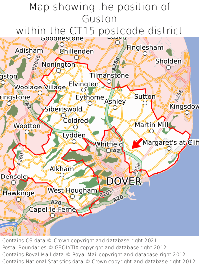 Map showing location of Guston within CT15