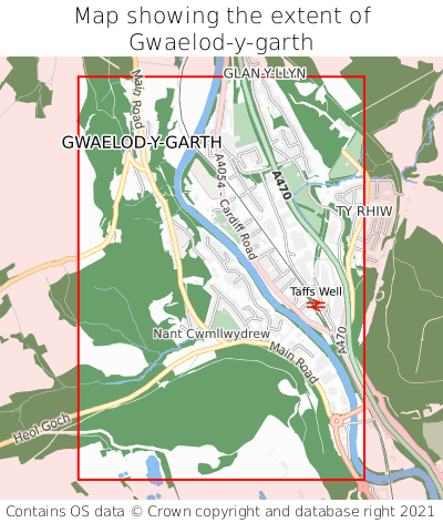 Map showing extent of Gwaelod-y-garth as bounding box