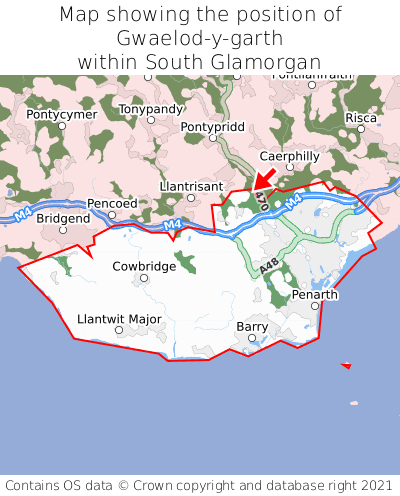 Map showing location of Gwaelod-y-garth within South Glamorgan