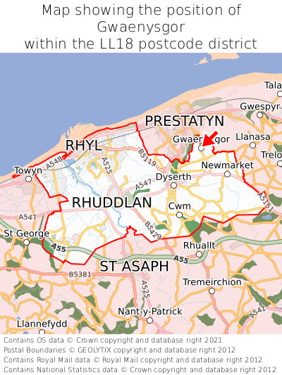 Map showing location of Gwaenysgor within LL18