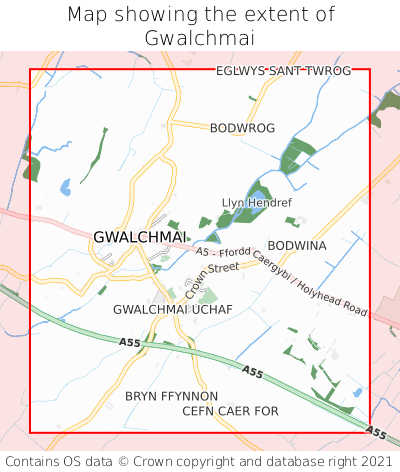 Map showing extent of Gwalchmai as bounding box