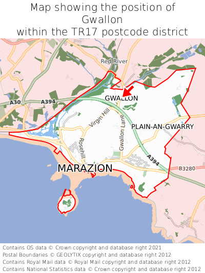Map showing location of Gwallon within TR17