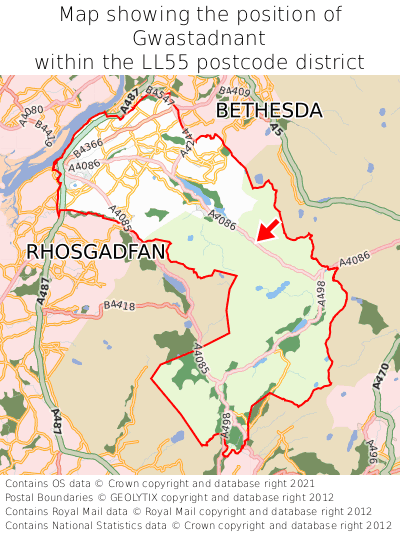 Map showing location of Gwastadnant within LL55