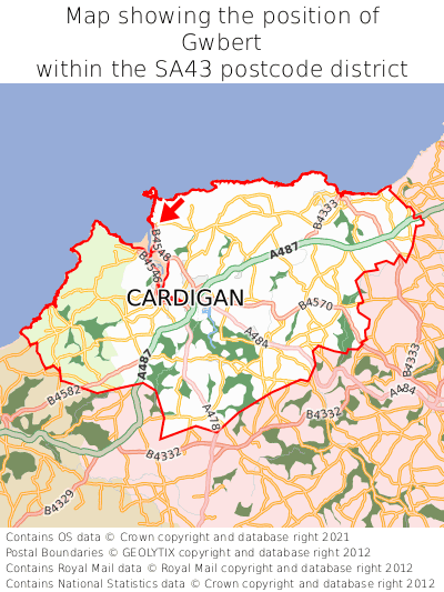 Map showing location of Gwbert within SA43