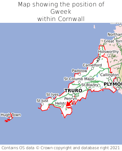 Map showing location of Gweek within Cornwall