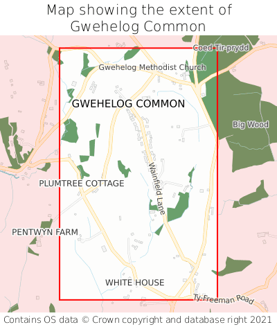 Map showing extent of Gwehelog Common as bounding box