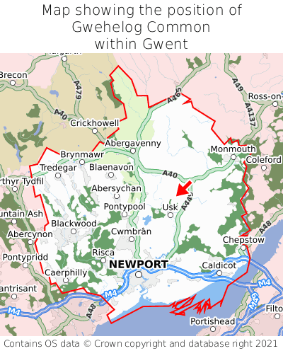 Map showing location of Gwehelog Common within Gwent